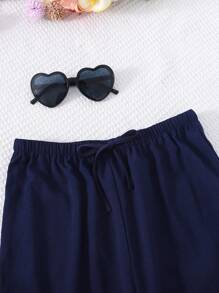 SHEIN Conjunto holgado con volantes y correas cruzadas en azul marino, apropiado para adolescentes en primavera/verano, Eid Al-Adha, vacaciones del Día de la Independencia, tiempo libre, vacaciones, niñas, lindo, cómodo