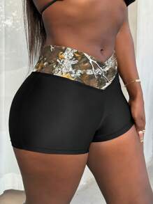 BamGleam Women Dry Leaf Print Waist Patchwork Beach Shorts, For Summer Vacation - Black - View 3