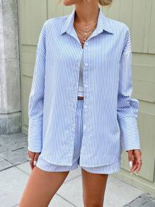 SHEIN LUNE Bộ 2 quần short và áo sơ mi phong cách thủy thủ sọc xanh thường ngày cho ngày lễ mùa hè - Màu xanh lam - Xem 2