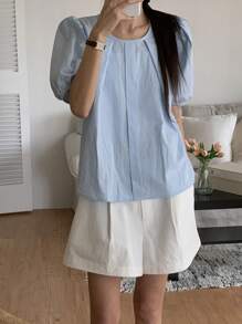 DAZY Blusa estiva da donna casual con girocollo, a tinta unita, con maniche a sbuffo e volant