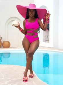 Slaydiva Women's Solid Color Hollow-Out One Piece Swimsuit, Summer - Hot Pink - View 7