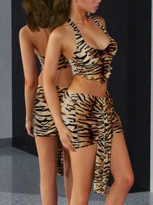 SHEIN ICON 2 pièces Ensemble de hauts sans dos à col montant et mini-jupe moulante à taille basse motif rayures de tigre Y2K pour l'été