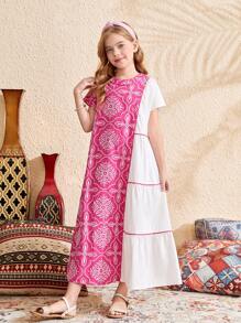 SHEIN Tween Girl Oversized Casual Pattern Color Block Layered Round Neck Dress - Green - View 3