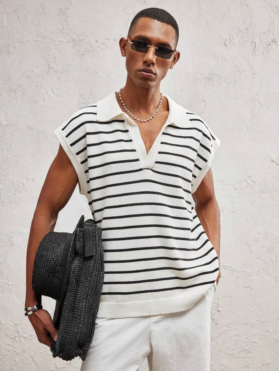 AKNOTIC Party Men's Loose Knit Casual Sweater, Suitable For Summer - Black and White - View 1