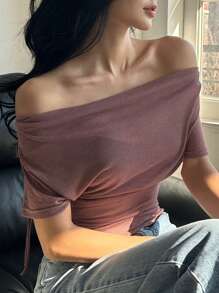 DAZY Women's Solid Color Off Shoulder Ruched Slim Casual T-Shirt