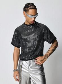 ROMWE MEN Street Life Men's Avant Round Neck Short Sleeve Casual Slim Fit Cropped T-Shirt - Black - View 3