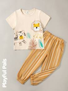 SHEIN 2 件装幼儿男童休闲可爱卡通动物印花短袖 T 恤和条纹松紧腰裤套装 - 卡其色 - 查看 6