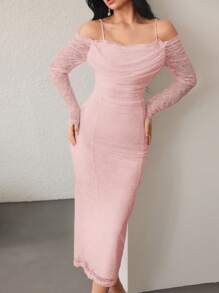 Modelyn Đầm dự tiệc sang trọng cổ xếp ly ren tay dài cho nữ - Hồng - Xem 7