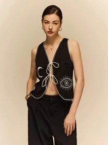 Poéselle 黑色刺绣背心，夏季背心，女式撞色饰边前系带无袖休闲背心 - 黑色 - 查看 8
