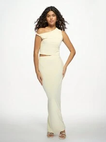 MISSGUIDED Bộ đồ hai mảnh crop top và chân váy maxi thanh lịch thiết kế lệch vai cho tiệc tối dự tiệc cưới khách mời dịp đặc biệt mùa hè - Màu be - Xem 3