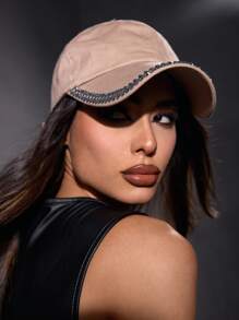 SHEIN SXY Shiny Rhinestone Embellished Baseball Cap, Minimalist & Practical Multipurpose - Khaki - View 5