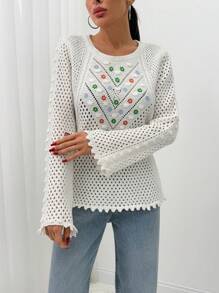 EURMUSE WOMEN Flower Embroidered Seasonless Flowers Patterned Bobble Knit Sweater - White - View 5