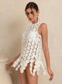 SHEIN Swim Women's Solid White Hollow Wave Trim Asymmetrical Tassel Hem Round Neck Sleeveless Dress Cover-Up, Romantic & Elegant For Festival, Beach, Holiday - White - View 4