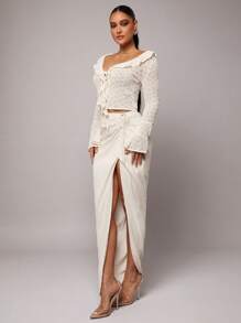 Silquee Elegant, Romantic And Personalized Spring And Summer Linen Fabric, High-Waisted V-Neck, High Slits, Low-Waisted Pleated Skirt, Suitable For Dates, Valentine's Day, Holiday Wear, Old Style, Holiday Wear, Summer Classic, Old Style, Office Wear, Comfortable To Wear, Breathable And Soft Fabric, Suitable For Commuting, Daily Vacation Wear - Beige - View 6