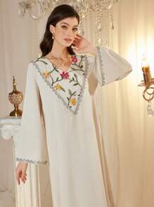 Al Najma Women's Elegant Floral Embroidered White Abaya, Arabic Islamic Dress For Women, Moroccan Caftan, Modest Kaftan