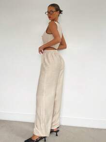 Siren Gaze 2 件女式撞色绑带纽扣前无袖上衣和长裤套装，极简主义，春夏季，休闲无袖罗纹短背心和直筒裤 2 件套，适合日常穿着，优雅通勤，拼色饰边，前翻领系带无袖上衣和长裤两件套，亚麻质地面料，优雅时尚，适合通勤，办公室警笛风格服装