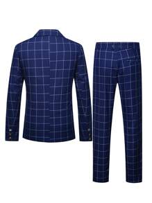 Manfinity Mode Men's Business Plaid Double-Breasted Suit Set (Jacket + Pants), Nice Suit For Men, Suits For Men, Men Suit - Navy Blue - View 2