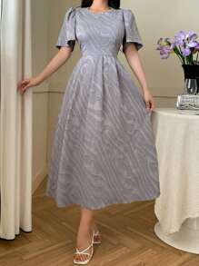 DAZY 女士优雅荷叶边袖 A 字中长连衣裙太阳裙，婚礼礼服 - 藍色 - 查看 6