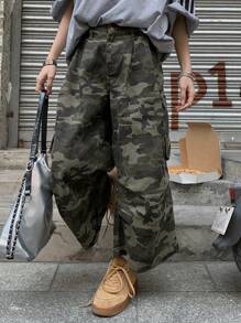 DAZY 女士休闲迷彩水洗牛仔裤，简约时尚，适合日常穿着的街头服饰 - 軍綠色 - 查看 3