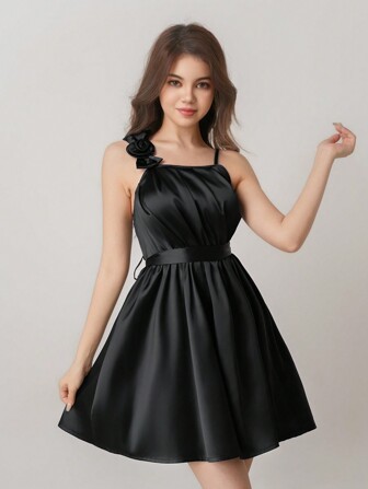 优雅缎面无袖系腰短款派对礼服，带有 3D 花朵细节，适合青少年和年轻女士，时尚，适合夏季派对和毕业典礼