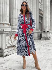 SHEIN LUNE 2024 秋冬新款豹纹撞色红长款衬衫裙女装 - 灰色 - 查看 4
