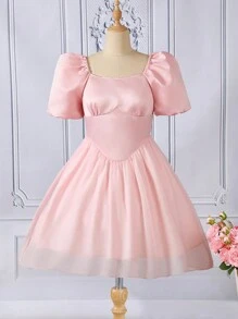 Vestido estilo cosecha mini de satén para adolescente con mangas abullonadas Y2K - Rosa - Ver 1