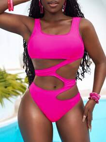 Slaydiva Women's Solid Color Hollow-Out One Piece Swimsuit, Summer - Hot Pink - View 1
