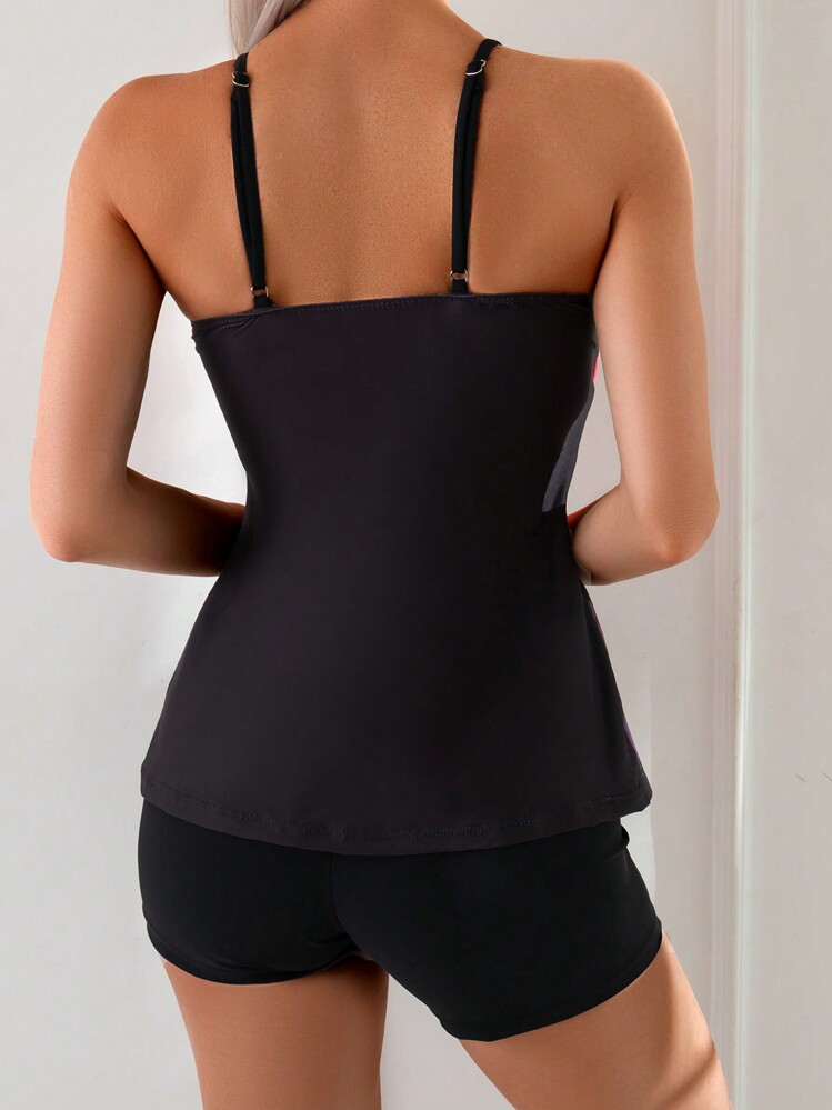 SHEIN 2pcs Summer Set: Sleeveless Print Spaghetti Strap Top And Solid Color Boy Shorts Bikini Swimwear - Multicolor - View 2