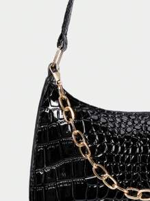Fashionable Crocodile Grain Chain Shoulder Underarm Bag Winter Gifts - Black - View 3