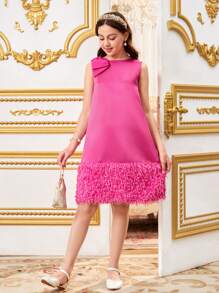 Vestido de fiesta elegante para niña preadolescente con lazo en el cuello y flecos en el bajo