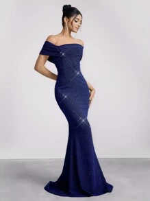 SHEIN Belle Elegant Navy Blue Open Shoulder Off Shoulder Long Sleeve Mermaid Hem Maxi Evening Dress, Bridesmaid Dress, Wedding Guest Dress Music Festival Spring/Summer, Party Dress, Formal Dress,Gown - Navy Blue - View 6