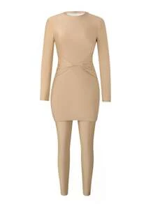 Swim Shayni Trang phục đi biển mùa hè cho phụ nữ, váy ba lỗ xoắn eo cổ tròn tay dài mới + quần dài kín đáo màu trơn Burkini - Màu Khaki - Xem 3