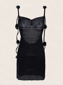 Swim SXY Women's Summer Backless Spaghetti Strap Side Split Bodycon Beach Dress With Floral Decorations - Black - View 3