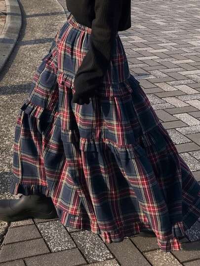 Dazy Petite Plus 加大码海军蓝格子拼接松紧腰超长 A 字裙，适合所有季节