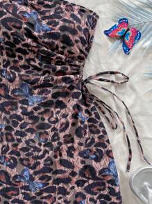 Soleia Vestido mini con cordón en la cintura, diseño calado, estampado de leopardo y mariposa, sexy, adecuado para vacaciones, festivales de música, estilo bohemio, citas en vacaciones
