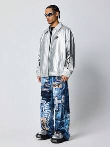 ROMWE MEN Street Life Men's Fashion Metallic Graphic Print Racing Jacket - Silver - View 5