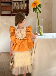 LMoss Kids LMoss Young Girl Woven Solid Color Ruffle Trim Casual Shirt - Yellow - View 10