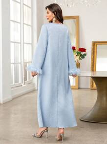 Al Najma Women's Solid Color V-Neck Furry Sleeve Arabian Dress,Modest - Blue - View 2