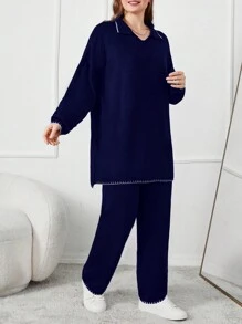 SHEIN Cottnline 详细的黑白加大码毛衣套装 - 藏蓝色 - 查看 1
