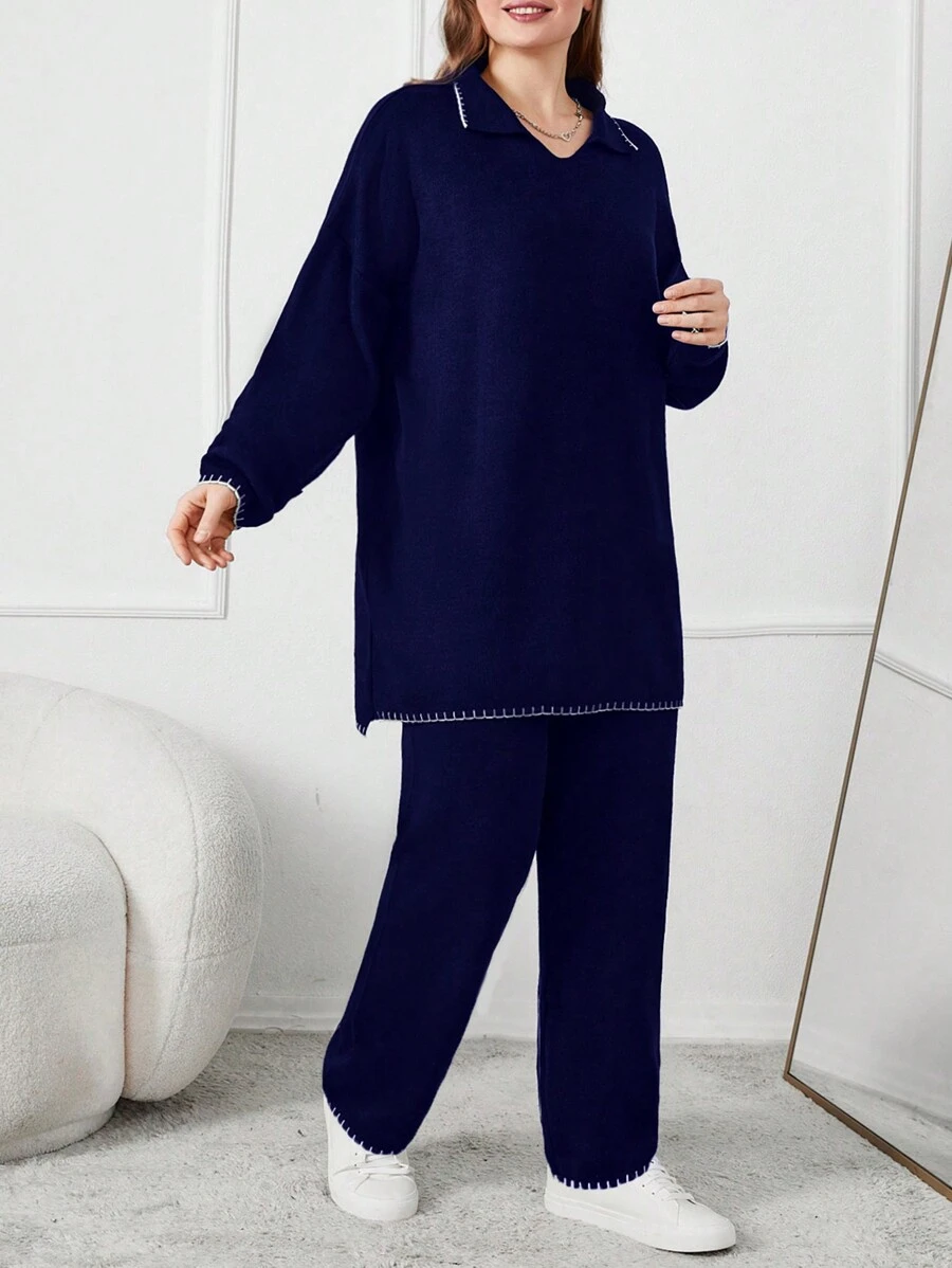 SHEIN Cottnline 详细的黑白加大码毛衣套装 - 藏蓝色 - 查看 1