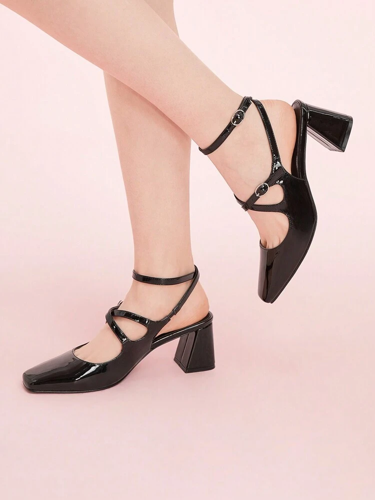 CUCCOO DOLLMOD Women's Ankle Strap Hollow Block Heels Pumps, Retro College Style Elegant Charming Simple Casual Cute Black Glossy PU Leather Mary Jane Back Open High Heels, Vintage Campus & Commuter Outfits Spring Shoes Spring Break Easter