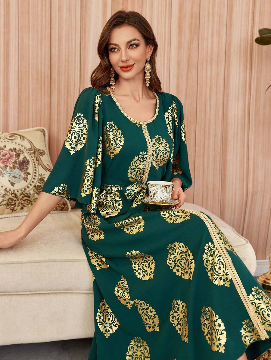Al Najma Women's Solid Color Patchwork Print Casual Long Arabian Dress Kaftan Jalabiya Dress - Green - View 1