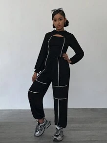 SHEIN Teen Girls Reflective Strip Black Pullover Hoodie & Sweatpants Set, Autumn Spring - Black - View 6