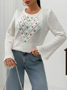 EURMUSE WOMEN Flower Embroidered Seasonless Flowers Patterned Bobble Knit Sweater - White - View 3