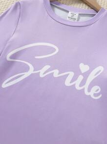 2pcs/Set Teen Girls Purple Minimalist Fashion Letter Print Long Sleeve Top And Plaid Leggings Snug Fit Loungewear - Purple - View 3