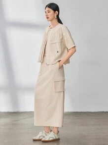 Dazy-Less 2 件套女士宽松休闲实用风格大口袋花卉荷叶边设计套装夏季复古风格商务休闲女装、教师装 - 杏色 - 查看 2