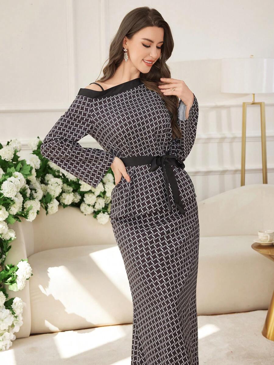 Modelyn 2 件女式春夏花卉印花长袖露肩上衣和裙子套装 - 黑色 - 查看 1