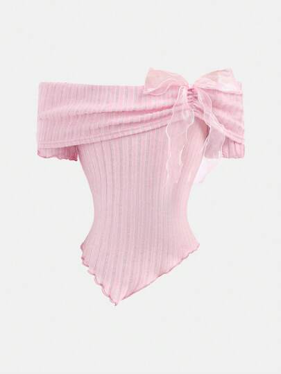 Girlism Blusa de manga larga con hombros descubiertos y moño para niña preadolescente, conjunto de vuelta al colegio, blusas lindas para la escuela, blusa rosa, blusas de otoño, blusas estilo preppy/Día de San Valentín niña preadolescente/Día de San Valentín/Verano/Conjuntos de verano