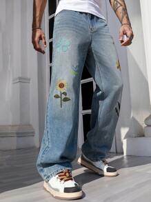 ROMWE MEN Street Life Jeans rectos de ajuste holgado con bordado para hombres - Azul - Ver 5