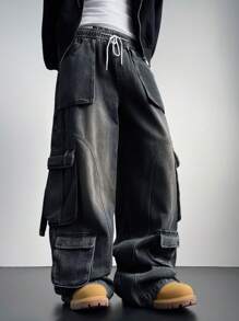 Manfinity EMRG Men's Light Blue Denim Cargo Wide Leg Pants - Black - View 1